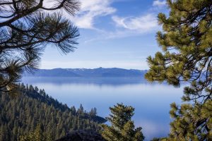 blue lake and distant hills with a frame of pine trees and wispy white clouds