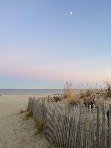 beach with sunset glow of pink and blue and sliver of moon
